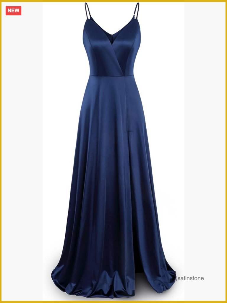 Spaghetti Strap V Neck Split Maxi Evening Dress Sateen Fabric